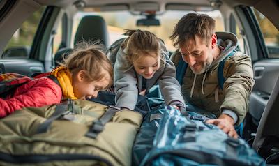 familie zu viel gepäck vor urlaubsfahrt auto