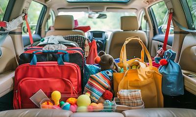 gepacktes auto familienurlaub organisiert spielzeug snacks
