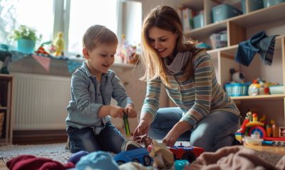 Mutter und Sohn räumen Kinderzimmer auf