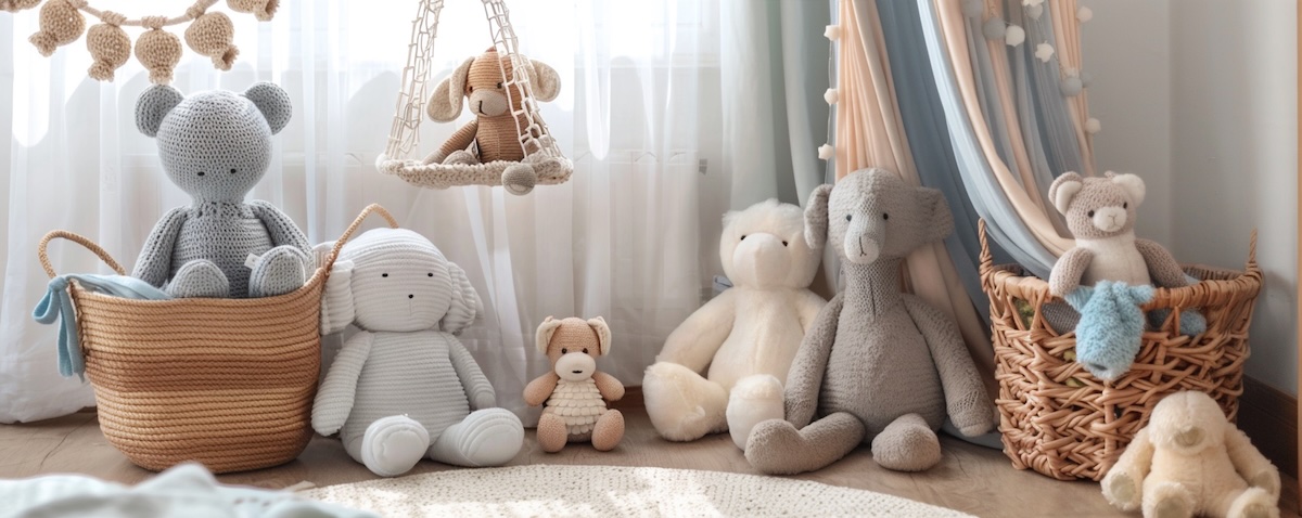 Kuscheltier Aufbewahrung DIY, ordentlich sortierte Stofftiere im hellen Kinderzimmer
