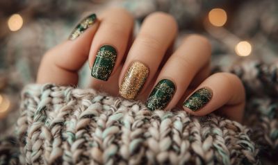 weihnachtliches nageldesign minimalistisch gruen gold