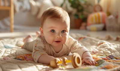 Baby greift nach Spielzeug auf einer dicken gepolsterten Krabbeldecke