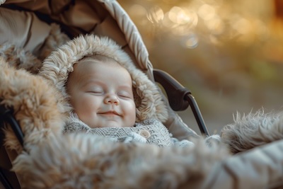 Baby liegt gemütlich auf einem Lammfell im Kinderwagen