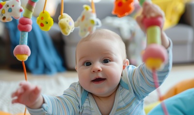 Drei Monate altes Baby greift nach den Spielzeugen am Spielbogen