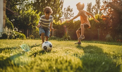 Zwei Kinder spielen Fußball im Garten