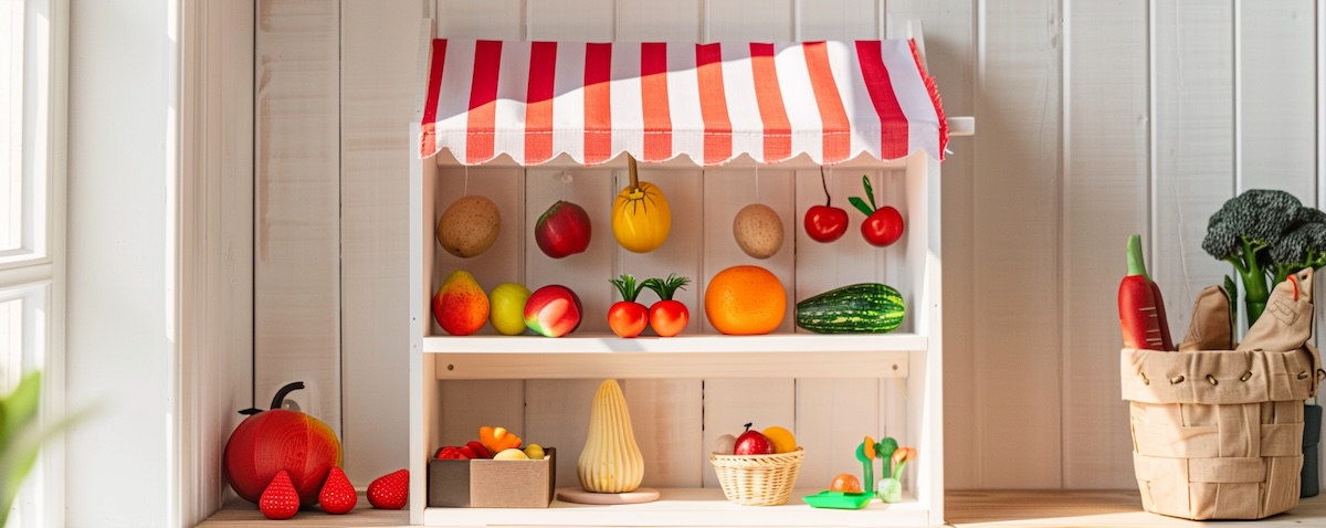 Selbstgebauter Kaufladen mit gestreifter Markise im Kinderzimmer
