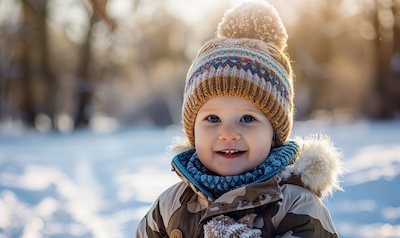 Warm angezogenes Kleinkind mit Faeustlingen und Bommelmuetze im Schnee