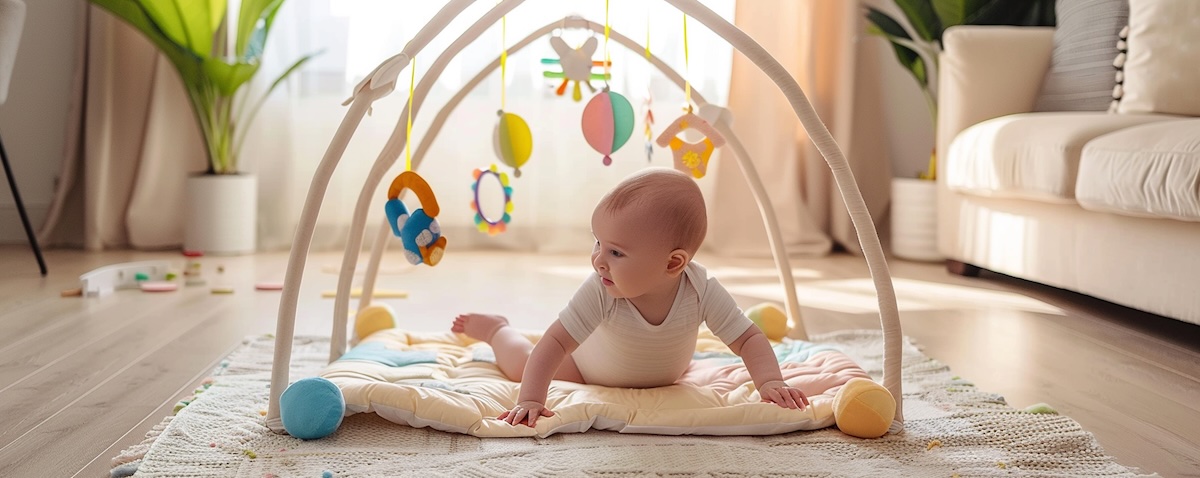 Baby greift nach den Spielzeugen am Spielbogen einer gepolsterten Krabbeldecke