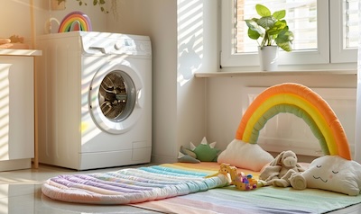 Krabbeldecke mit abgenommenem Spielbogen vor der Waschmaschine