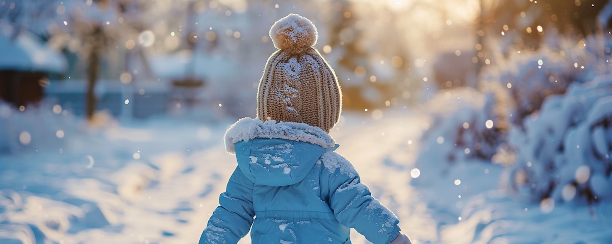 Kleinkind im Schneeanzug und mit Muetze geht von hinten durch den Schnee