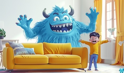 Kind verscheucht spielerisch das kleine Wutmonster