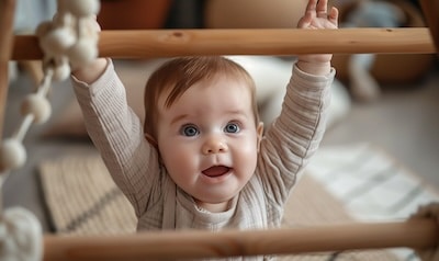 Baby greift Holzsprossen motorische Entwicklung Kinderzimmer