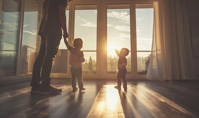 Elternteil und Kleinkind erkunden neue Wohnung zusammen