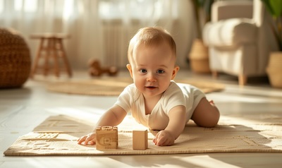 Baby sitzt und greift nach Spielzeug auf einer dicken einfarbigen Krabbelmatte