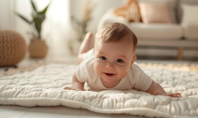 Baby liegt auf dem Bauch auf einer dicken einfarbigen Krabbelmatte