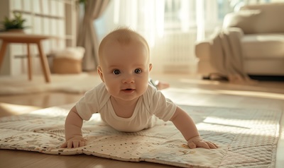 Baby krabbelt von einer weichen Krabbeldecke auf eine dickere Krabbelmatte