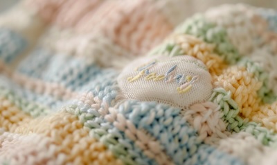 Nahaufnahme einer Babydecke mit gesticktem Namen und Geburtsdatum