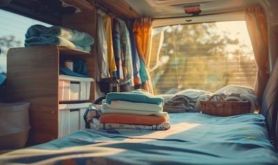 Aufgeräumter Campervan mit Stauraum für Familienausrüstung