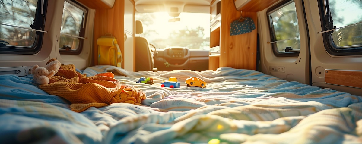 Heller Campervan-Innenraum mit Decke und Spielzeug auf einer klappbaren Liegefläche