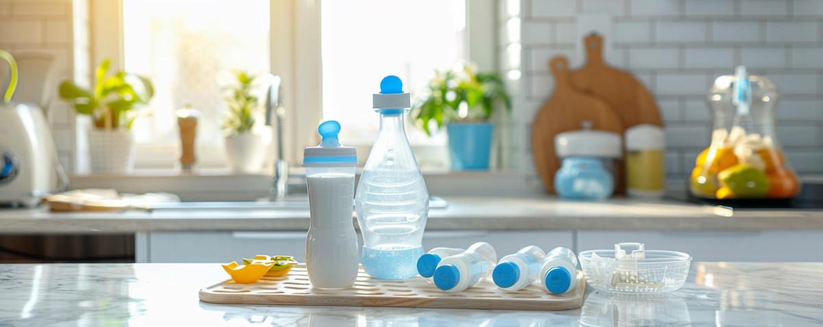 Babyflaschen trocknen auf einem Flaschentrockner in heller Küche