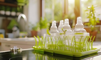 Babyflaschen und Sauger trocknen auf einem flexiblen Abtropfgestell