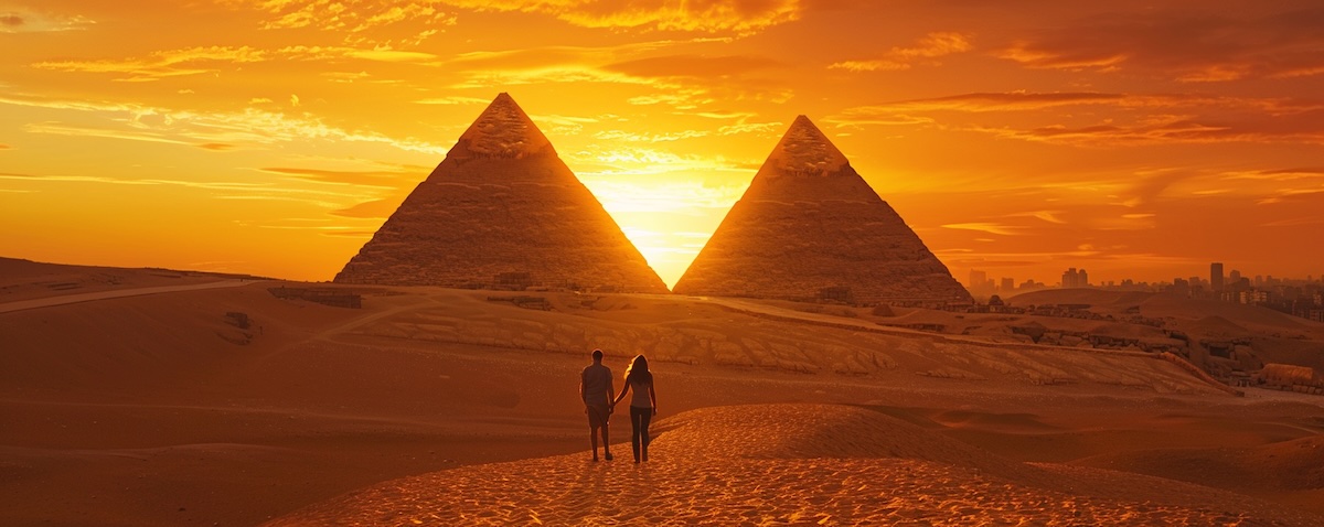 Familie vor den Pyramiden von Gizeh im warmen Abendlicht