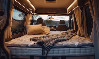 Kleinkind mit Kuscheltier auf einer Decke im Campervan