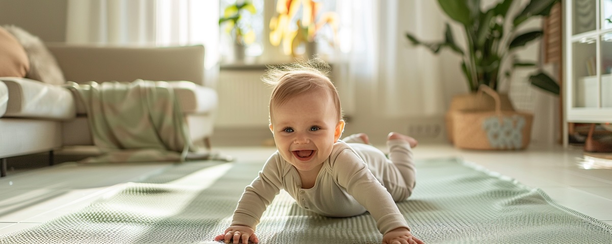 Baby krabbelt auf einer dicken gepolsterten Krabbelmatte im hellen Wohnzimmer