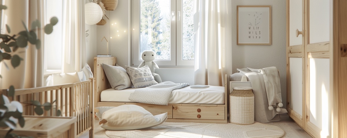 Helles Kinderzimmer mit großem Bett und Matratze für den Übergang vom Babybett