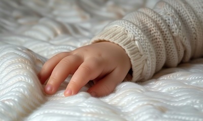 Hand drückt in eine punktelastische Kindermatratze 90x200 zur Prüfung des Härtegrads
