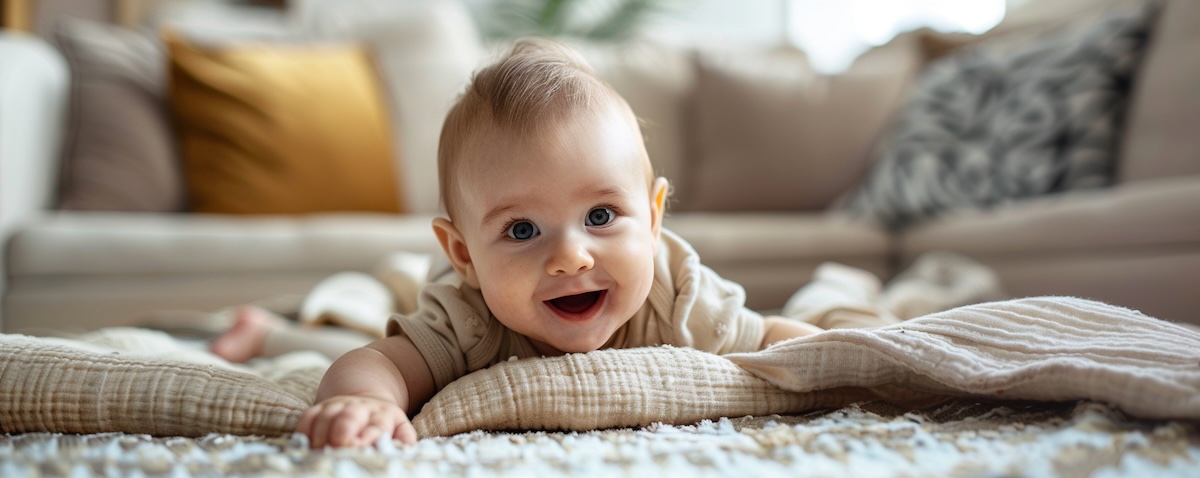 Baby krabbelt auf einer weichen, gepolsterten Krabbeldecke im hellen Wohnzimmer