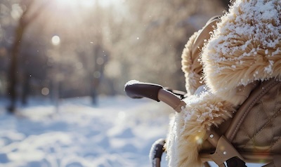 Lammfellsack aus Naturfell am Kinderwagen im winterlichen Park