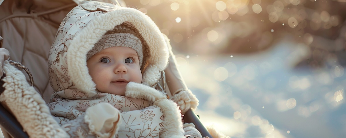 Baby liegt warm eingepackt in einem Lammfellsack im Kinderwagen