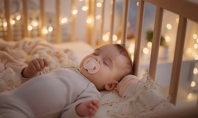 Kleines Baby schläft friedlich mit Schnuller in einem hellen weichen Kinderbett