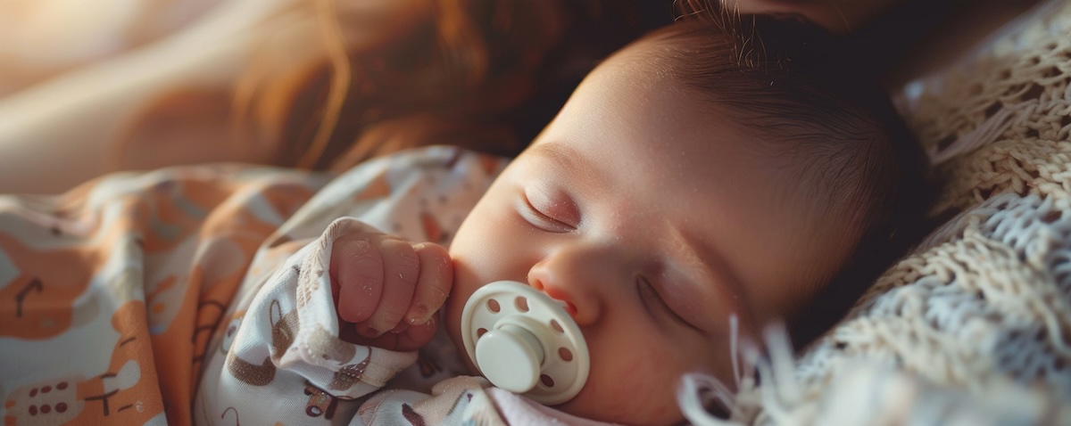 Neugeborenes Baby liegt zufrieden in Mamas Arm mit einem kleinen Schnuller im Mund