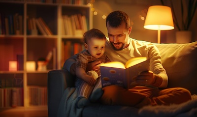 Familie liest gemeinsam ein Bilderbuch am Abend, warme Wohnzimmer-Atmosphäre