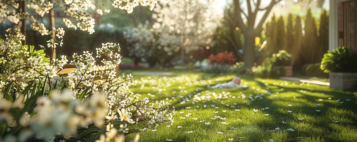 Blühende Felsenbirne 'SEM' in einem Familiengarten mit Krabbeldecke im Gras
