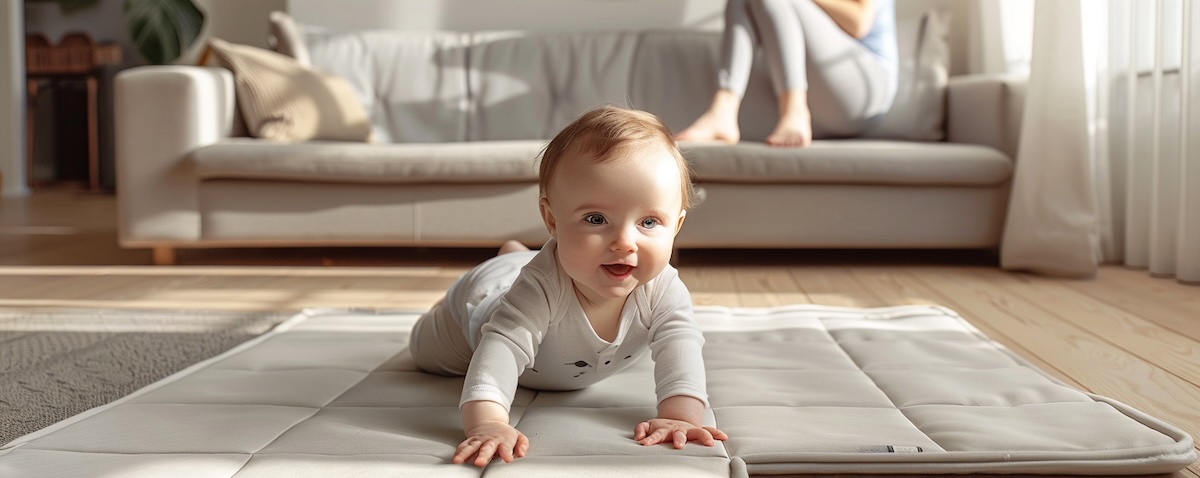Baby krabbelt auf einer faltbaren Krabbelmatte im hellen Wohnzimmer