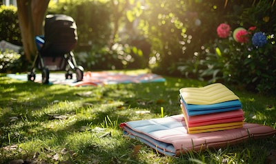 Zusammengefaltete Krabbelmatte in Tragetasche neben Kinderwagen im Garten