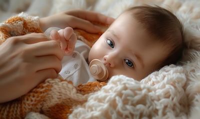 Elternhand hält einen kleinen Schnuller vor die Lippen eines wachen zufriedenen Babys