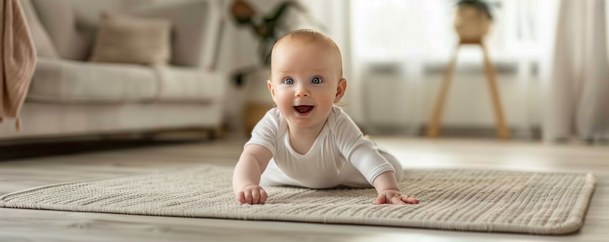 Baby krabbelt auf einer Krabbeldecke, die auf glattem Laminatboden liegt