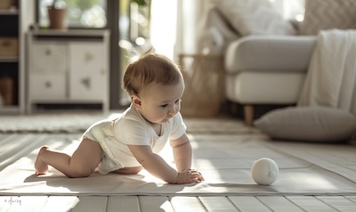 Baby im Vierfüßlerstand wippt auf einer Krabbeldecke vor und zurück