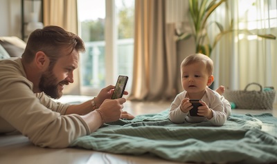 Vater fotografiert sein Baby mit dem Smartphone auf einer Krabbeldecke am Fenster