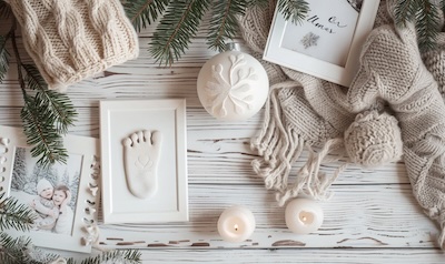 Erinnerungsstücke an Babys erstes Weihnachten: Christbaumkugel, Fußabdruck aus Ton und Fotos
