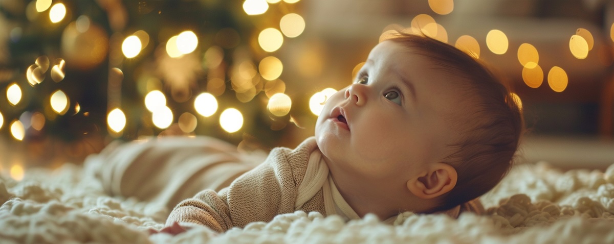 Babys erstes Weihnachten: Baby staunt im warmen Licht des Weihnachtsbaums