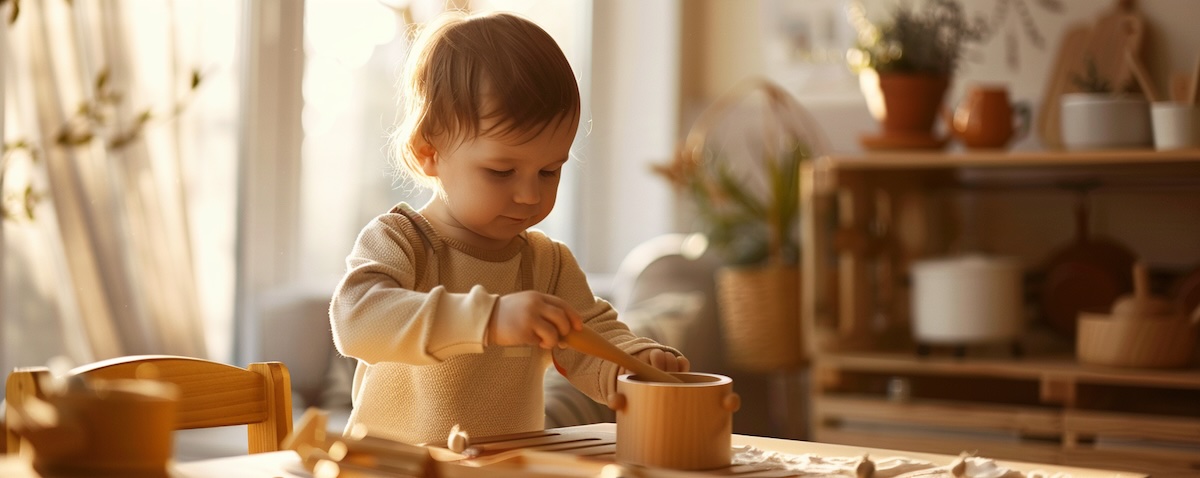 Kleinkind kocht an einer Kinderküche aus Holz im hellen Wohnzimmer