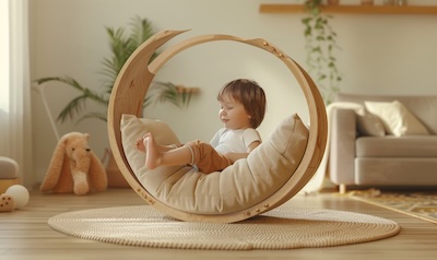 Umgedrehter Kletterbogen mit Kissen als Wippe im Kinderzimmer