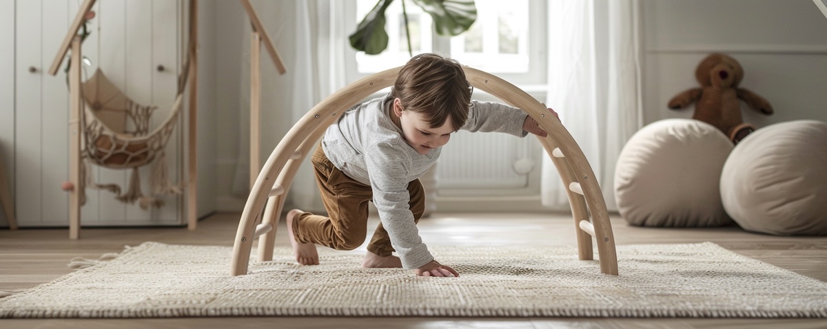 Kleinkind klettert über einen Pikler Bogen aus Holz im hellen Kinderzimmer