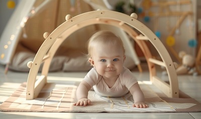 Kind krabbelt durch einen Kletterbogen aus Holz, der wie ein Tunnel aufgestellt ist