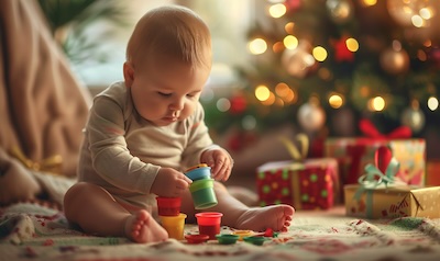 Weihnachtsgeschenk für ein Baby mit 6 Monaten: Baby spielt mit Stapelbechern auf der Krabbeldecke